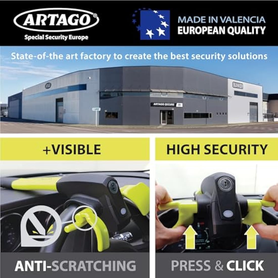 ARTAGO 870 High-End Steering Wheel Lock 2in1 Without or with 120dB Alarm + Don't Touch Warning, Visible and Deterrent High Security, Universal Anti Theft Bar Locking Device for Car, Truck, Van, Camper