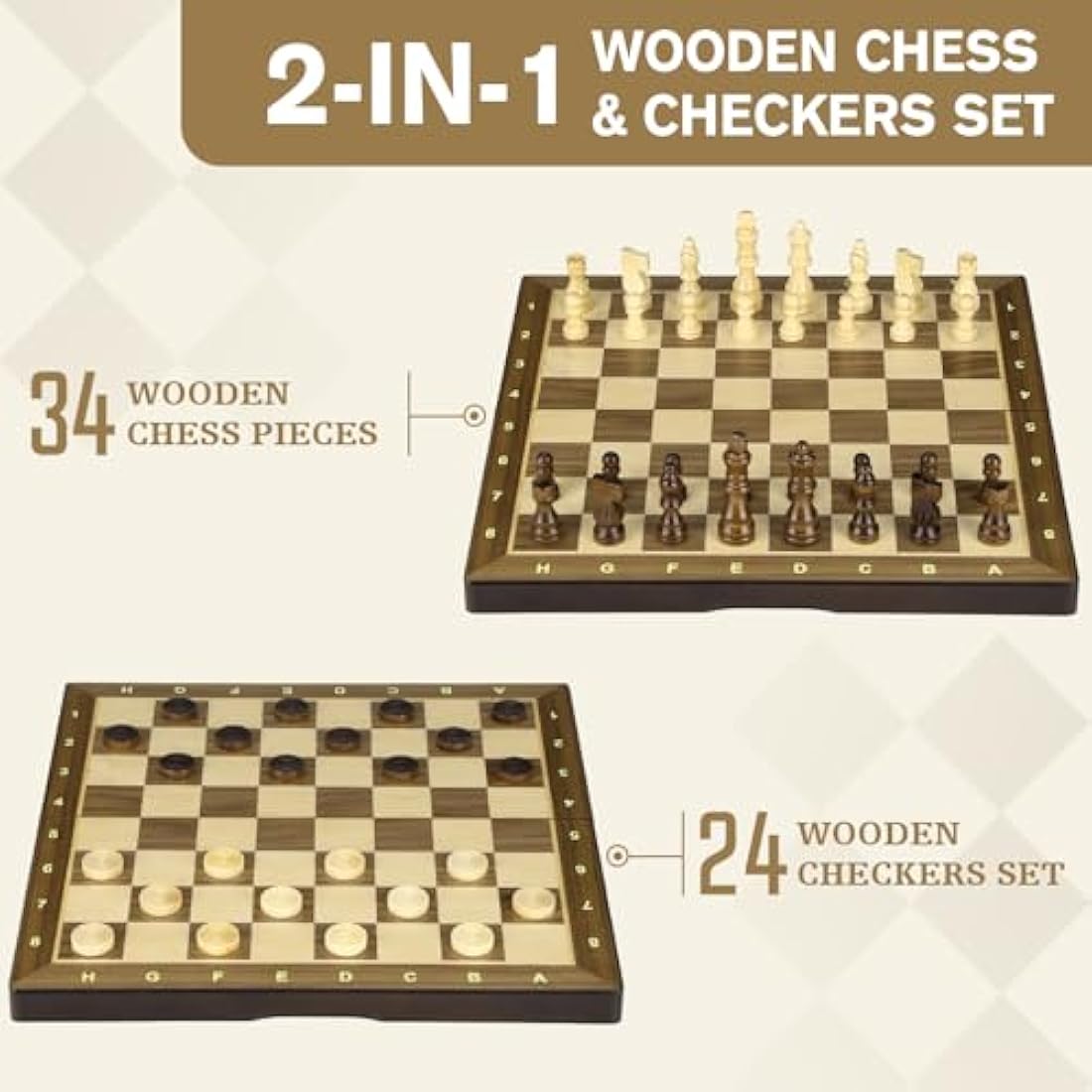Peradix Chess Set and Draughts Board Games 2 in 1 Set | 15" Magnetic Foldable Walnut Wooden Chess Checkers Board | 2 Extral Queen | Educational Toy Set for Adults and Kids