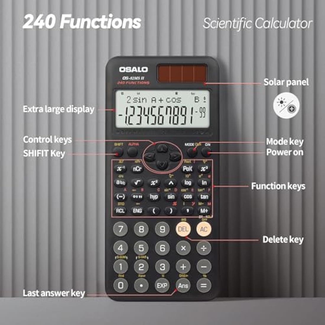 OSALO Scientific Calculator 240 Functions 2-line Display with Slide-on Cover for Secondary School Students (OS 82MS 2nd Edition)