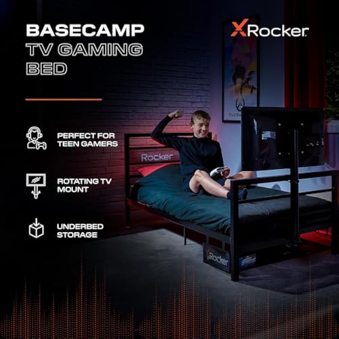 X-Rocker Basecamp TV Gaming Bed with Rotating Mount, Storage and Cable Management, Single 3ft Low Sleeper Bedstead, Metal Frame, Ideal for Kids Bedroom, Up to 32" TV Supported - Black