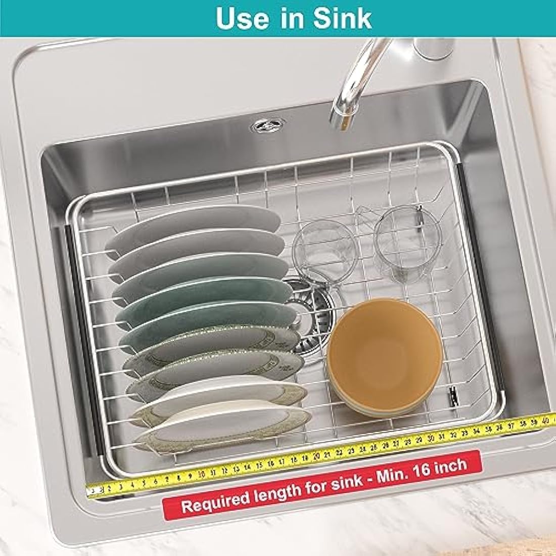 iPEGTOP Dish Sink Drainer, Dish Drying Rack Over Sink, Extendable Dish Drainer with Removable Cutlery Holder, Dish Rack in Sink or On Counter, Plate Rack Drainer for Kitchen