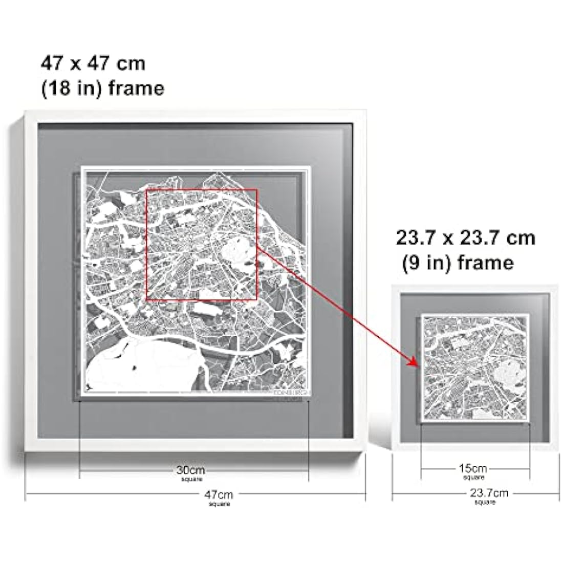 O3 DESIGN STUDIO Edinburgh Marco de Papel para mapas, White map, White frame, 9x9 inches, Gift Boxed, 4 background color, self-changing, Paper Art