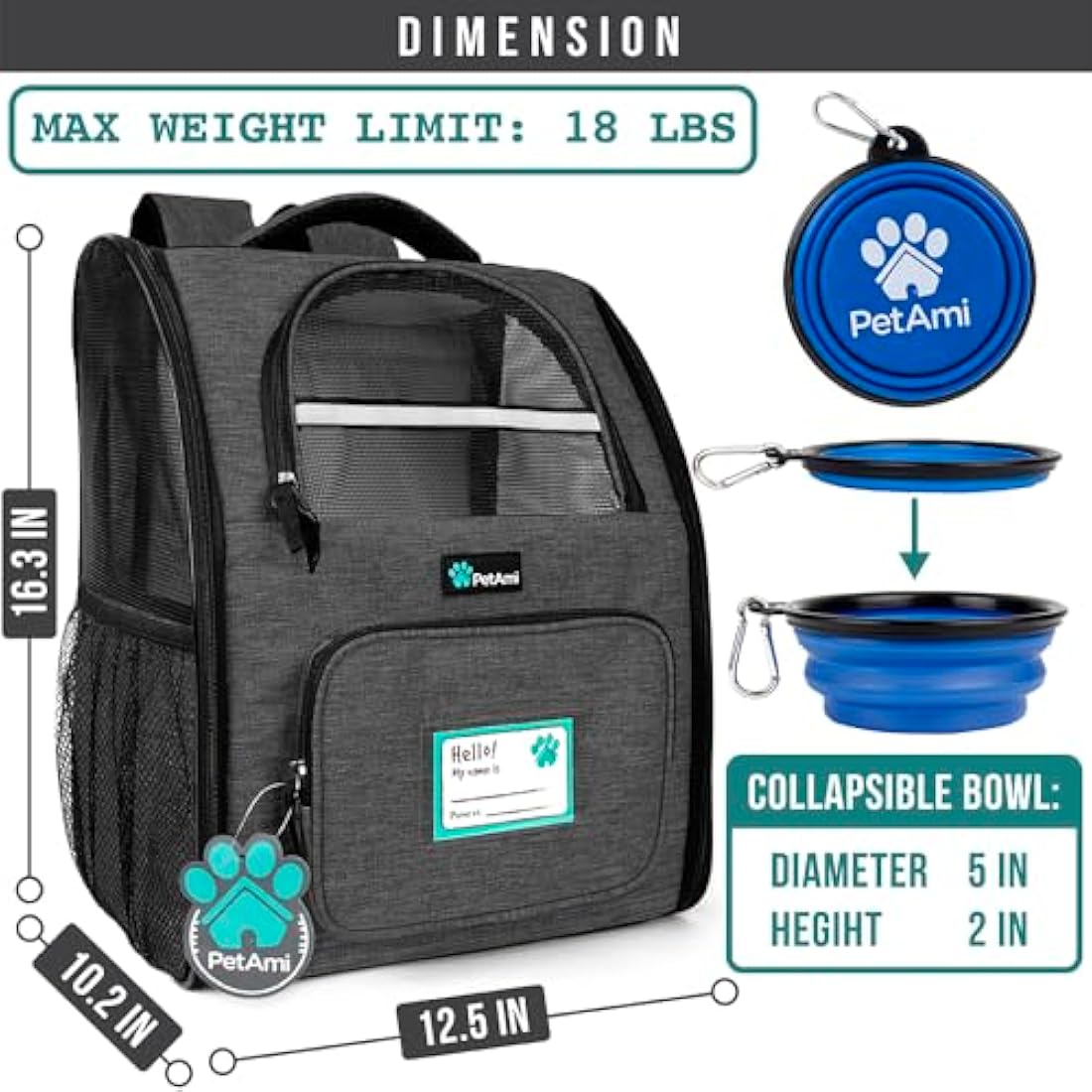 PetAmi Dog Backpack Carrier for Small Large Cat, Pet, Puppies, Ventilated Pet Hiking Backpack Travel Bag, Airline Approved Cat Backpack Carrier, Safety Back Support, Camping Biking Dog Bag, Charcoal
