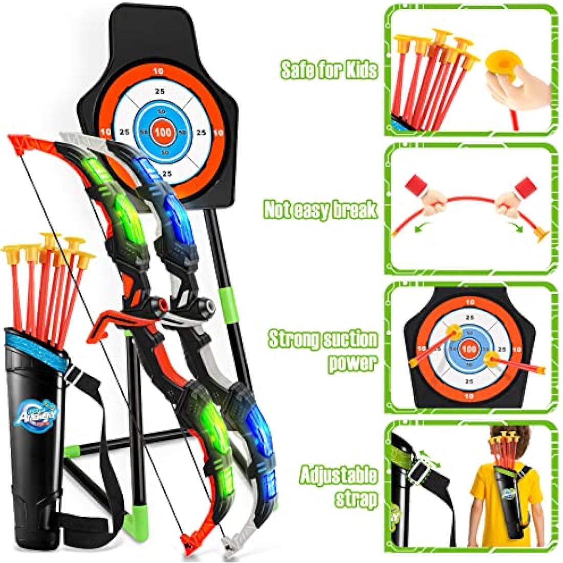 Own1one Bow and Arrow Set for Kids, Kids Archery Set with LED Lights, Suction Cup Arrows, Standing Target, Quivers, Outdoor Toys Gifts for 3 4 5 6 7 8 9-12 Years Old Boys Girls