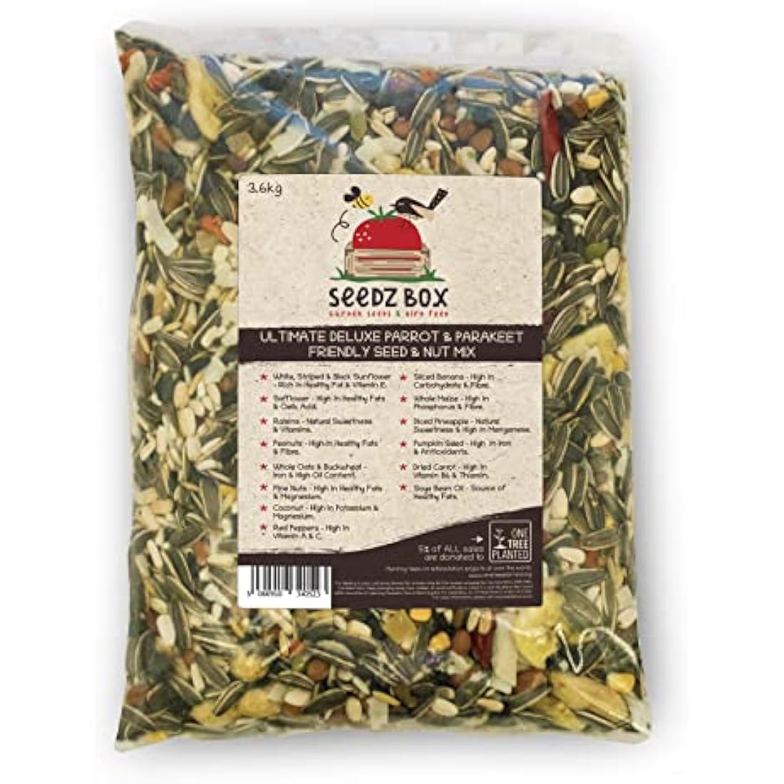 Parrot Food Seed and Nut Mix 3.6kg - Natural Healthy Feed For Parrots Incl African Greys - SeedzBox - Banana Pumpkin Seeds Peanuts and Whole Oats - Fats and Fibre - Donation to OneTreePlanted