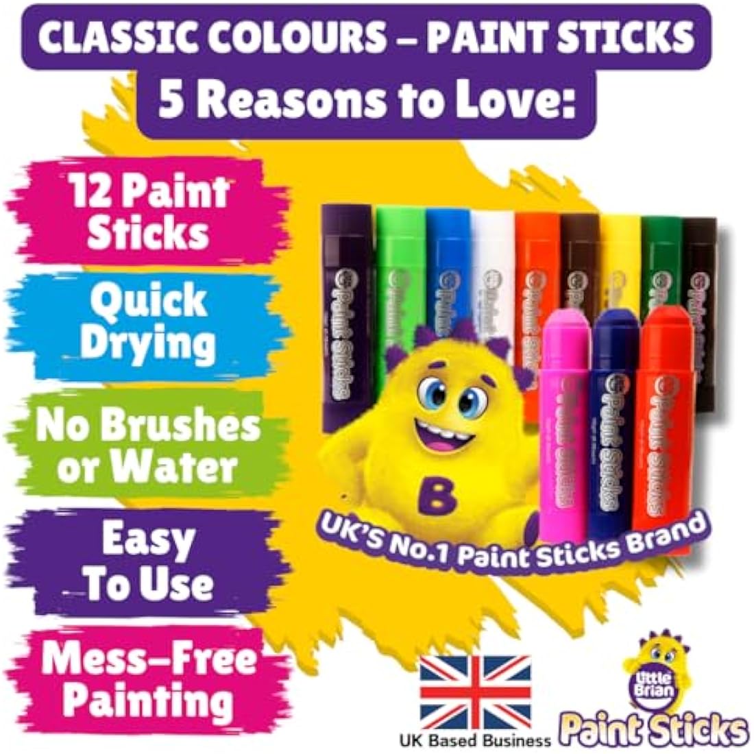 Little Brian Paint Sticks For Kids - 12 Pack Assorted Colours - Mess-Free, Easy Clean Up, Fast Drying Action, Vibrant Colours, Multi-Surface, Twist & Paint
