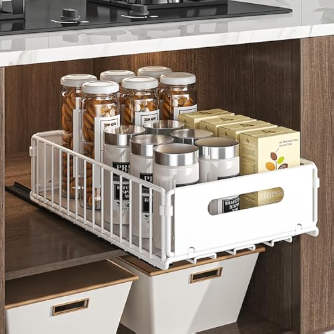 YunNasi Pull Out Cabinet Organizer Slide Out Drawer Storage Shelves Cupboard Organiser Sliding Cabinet Basket for Kitchen with Silent Slide No Drilling and Nailing (White, 2Piece 38Dx25Wx10H CM)