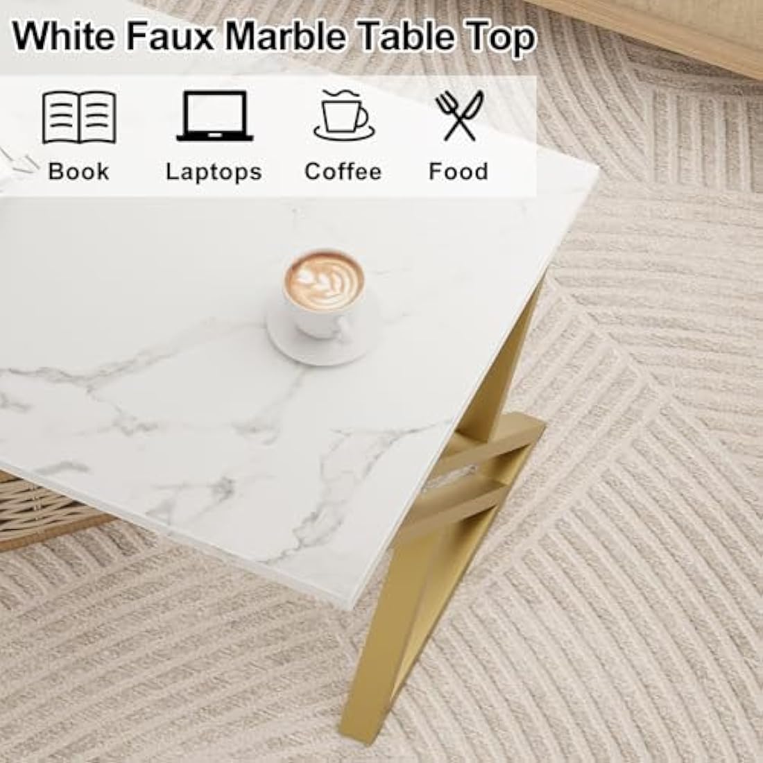 Coffee Table, Living Room Table, Center Tea Tables, Rectangular Tea Tables, End Side Desk with Gold Metal Frame for Living Room Bedroom Office, Modern Open Design, 39.3 x 18.9 x 17.7 IN, White/Gold