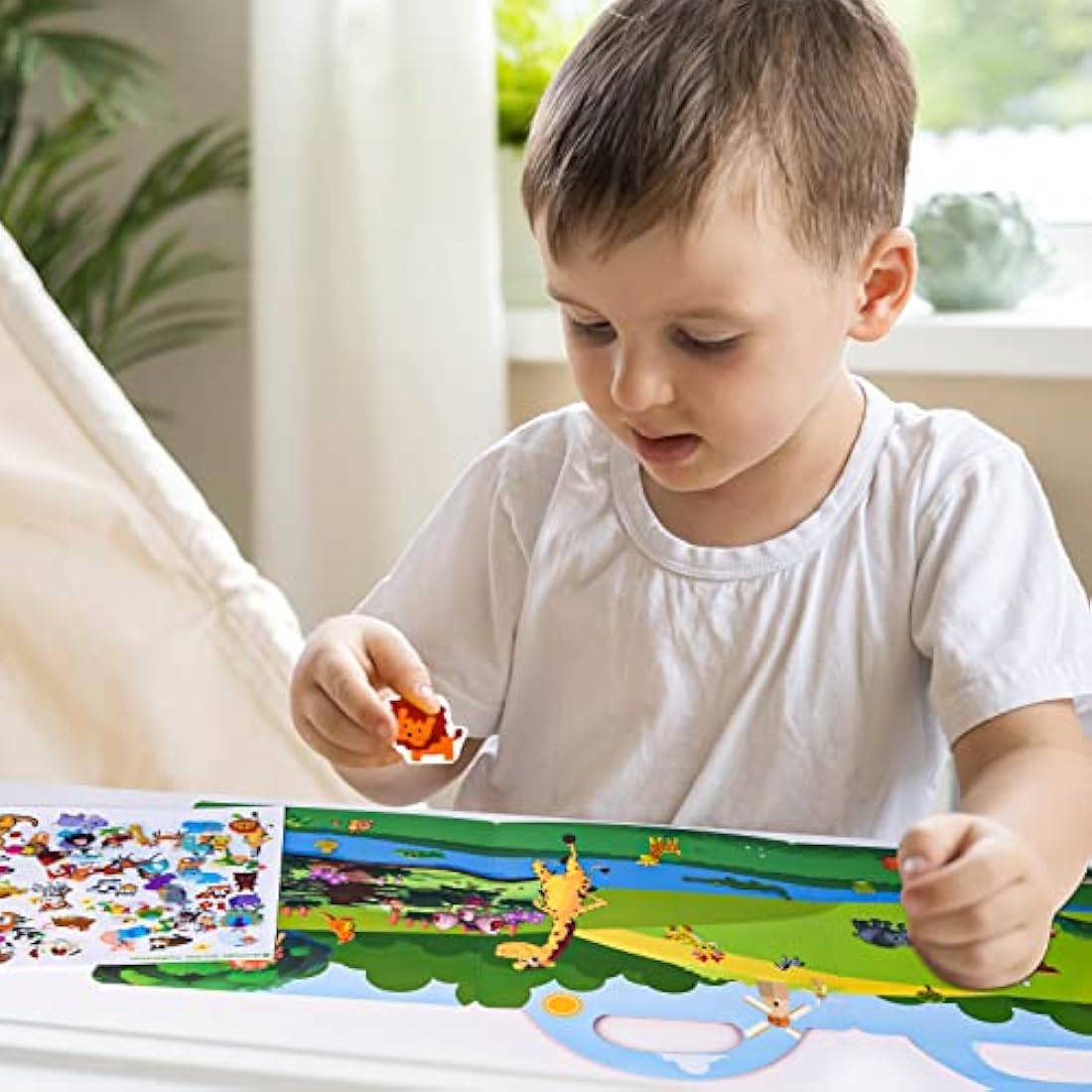 ASTARON 3D Sticker Scenes Book for Kids,88 Pcs Reusable Animals Jelly Stickers for Toddlers, Puffy Sticker Game Educational Sensory Learning Toy, Party Supplies Birthday Gift,4 Fold-Out Choices