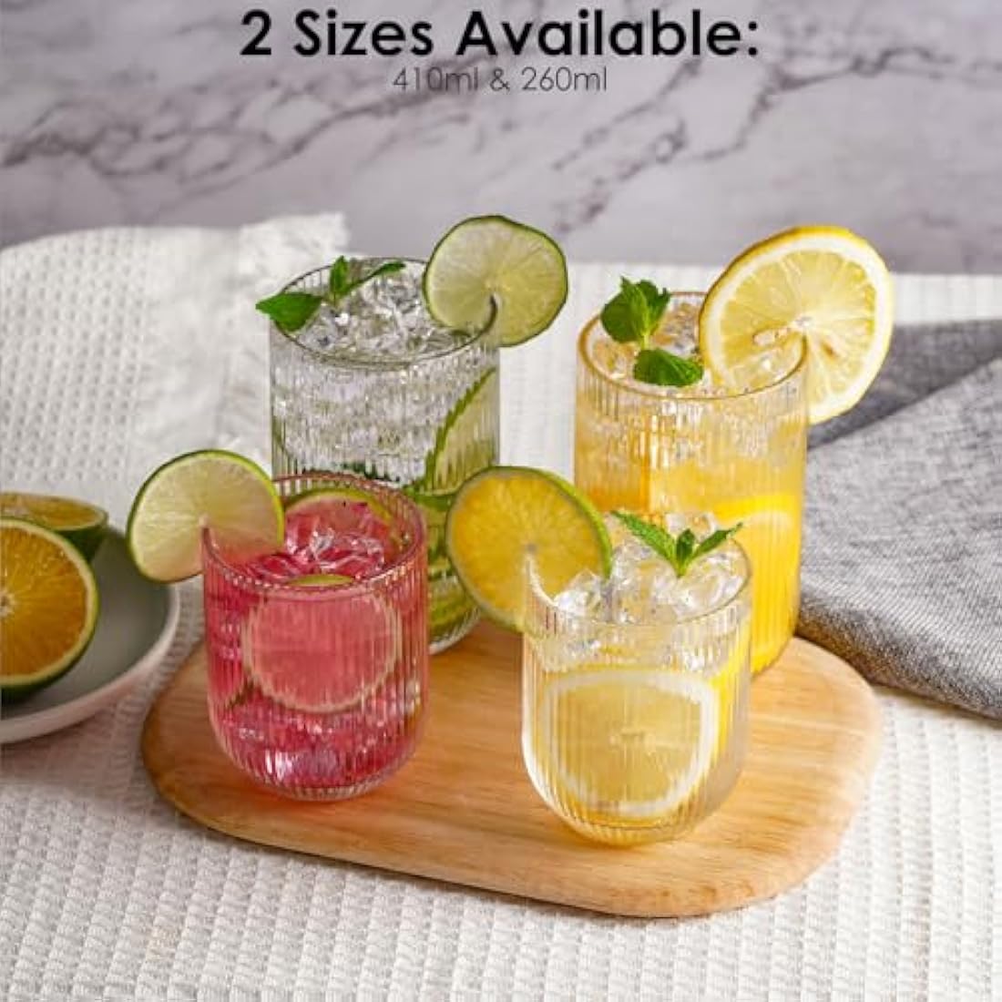 TKNO 6X 410ml Ribbed Highball Glasses Tall Hi Ball Glass Water Gin Juice Cocktail Drinking Glassware Origami Style Fluted Ripple Beverage Tumblers Set, Ideal for Home, Restaurant, Events & Parties
