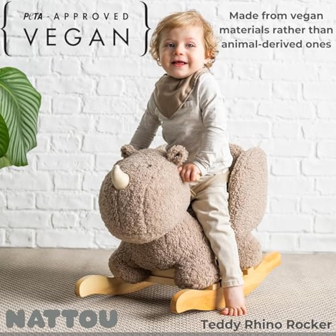 Nattou Wooden Rocker, Fully Padded Seat, Side Supports, Safety Belt, Handles For Small Hands, PETA-Approved Vegan, Soap-Water Cleaning, Super Soft Teddy Fabric Material, 10-36 Months, Taupe Rhino