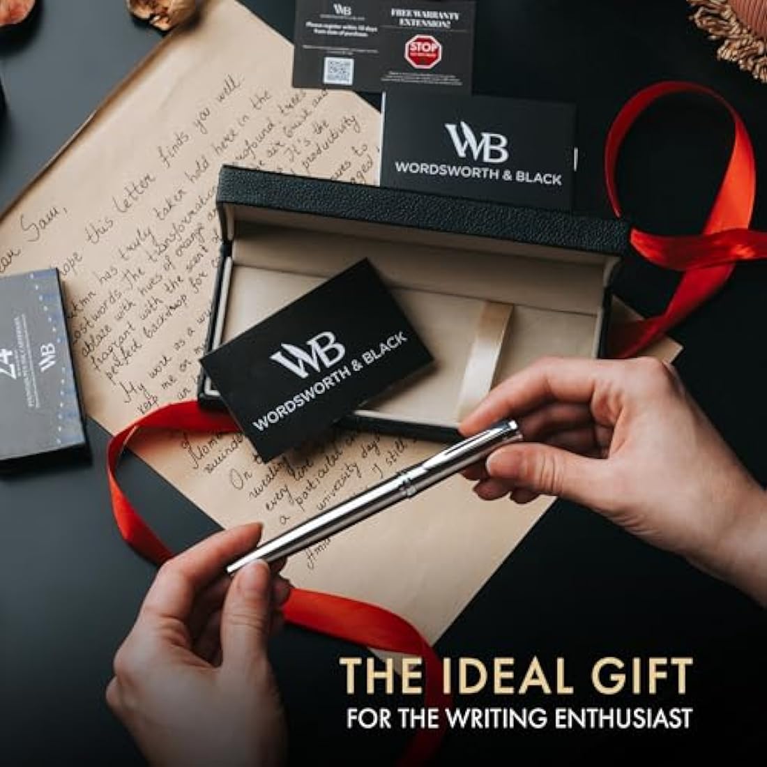 Wordsworth & Black Fountain Pen Set, 18K Gilded Fine Nib, Includes 24 Pack Ink Cartridges, Ink Refill Converter & Gift Box, Gold Finish, Calligraphy, [Silver Chrome], Perfect for Men & Women