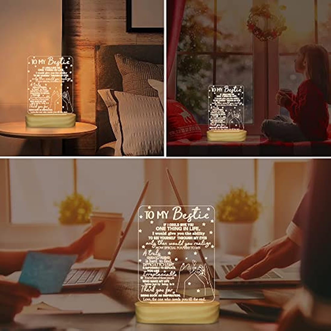 to My Bestie Gifts, 3D Illusion Lamp I Love You Friends Night Light for Best Friend Sister Girls Women BFF Birthday, Soft Warm White Colors LED Wooden Table Lamp
