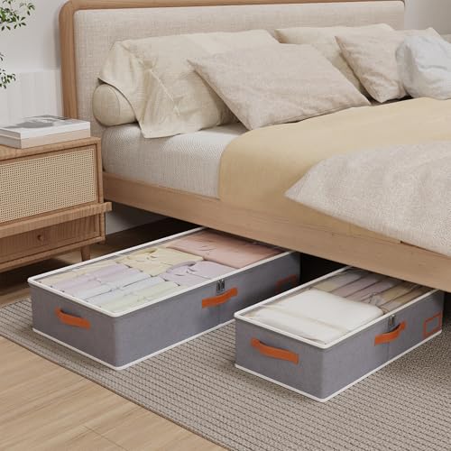 Yawinhe Foldable Under Bed Storage Bags, Closet Organizers, Large Containers with Sturdy Zipper, Clear Window and Reinforced Handles, for Bedding, 2