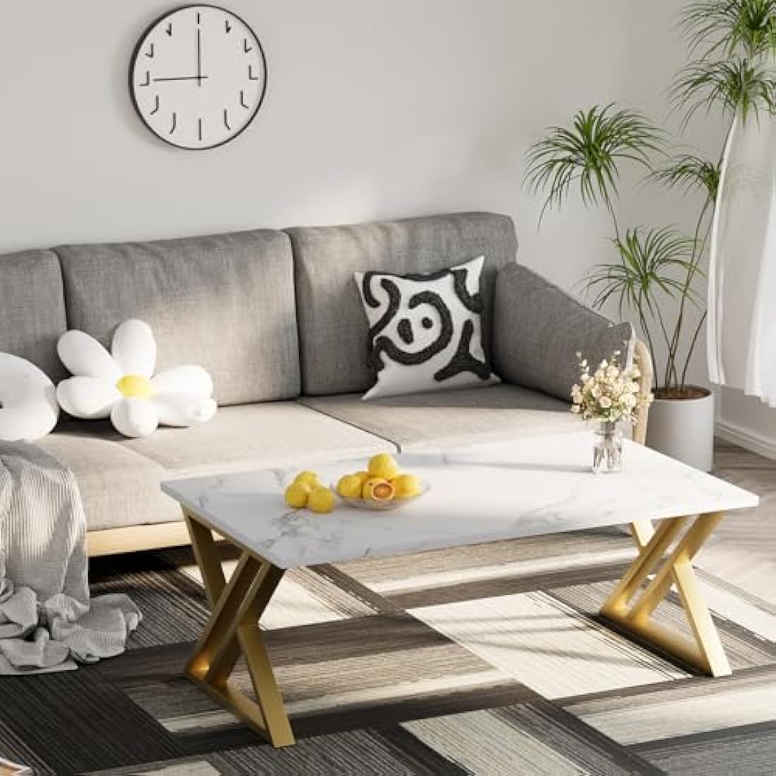 Coffee Table, Living Room Table, Center Tea Tables, Rectangular Tea Tables, End Side Desk with Gold Metal Frame for Living Room Bedroom Office, Modern Open Design, 39.3 x 18.9 x 17.7 IN, White/Gold