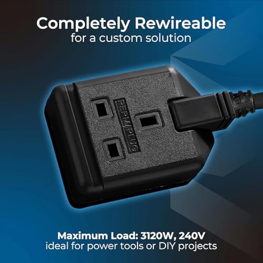 Masterplug One Socket Single Extension Lead, Unswitched, 10 Metre Cable, Heavy Duty, Rewireable, 1-Way Plug Extension Cable, Work Power, Permaplug, Black, 13A, 1G, 10m, EXS13110B
