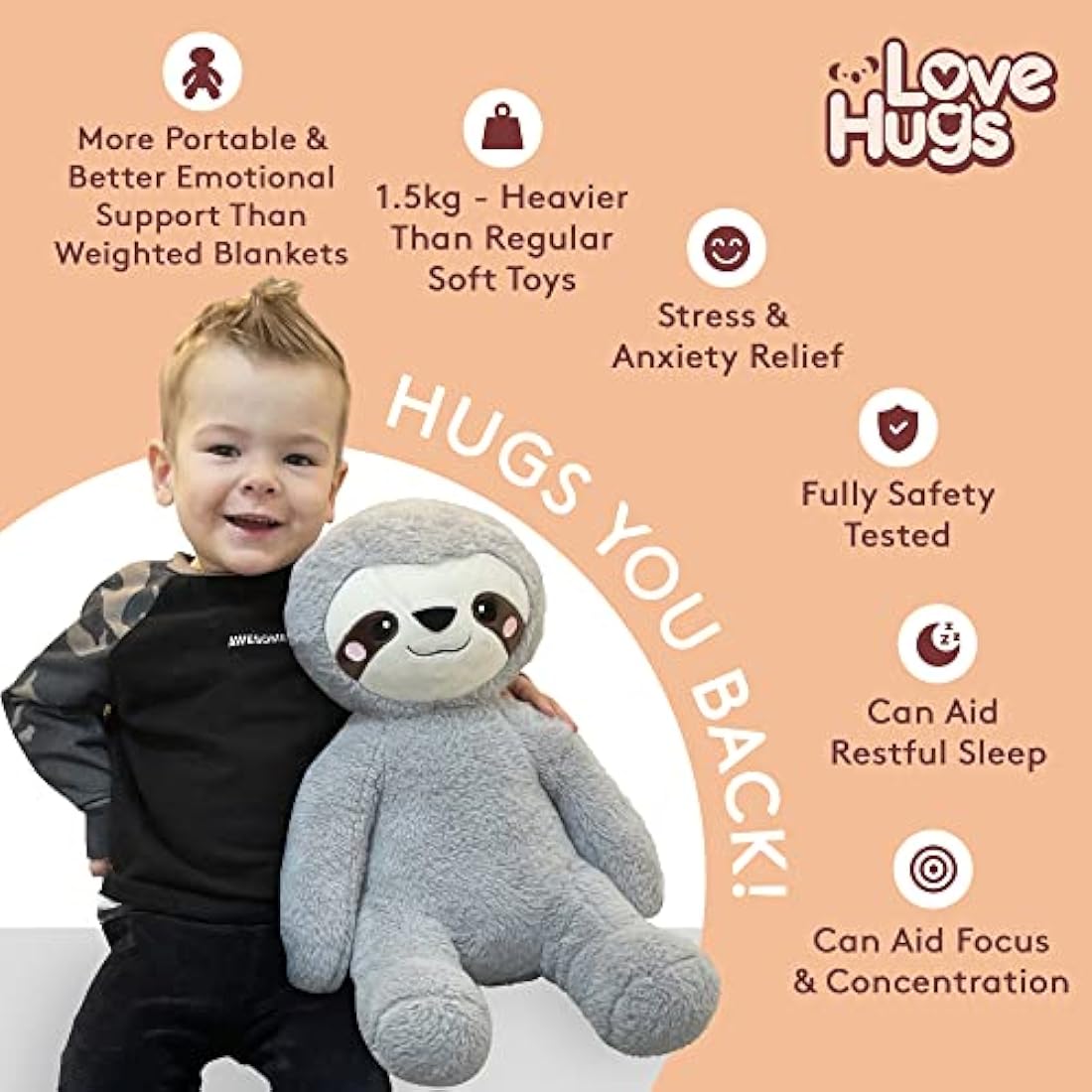 LoveHugs 1.5kg Weighted Teddy Bear For Anxiety, Comfort, Stress Relief & Restful Sleep - Sloth Teddy Therapeutic Weighted Stuffed Animal Toy