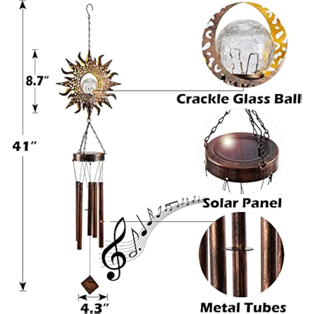 lifemet Wind Chimes Solar Lights - Powered LED Sun Night lights outdoor Garden Waterproof Metal Windbell Chime Light Lamp for Patio Deck Lawns Yard Patio