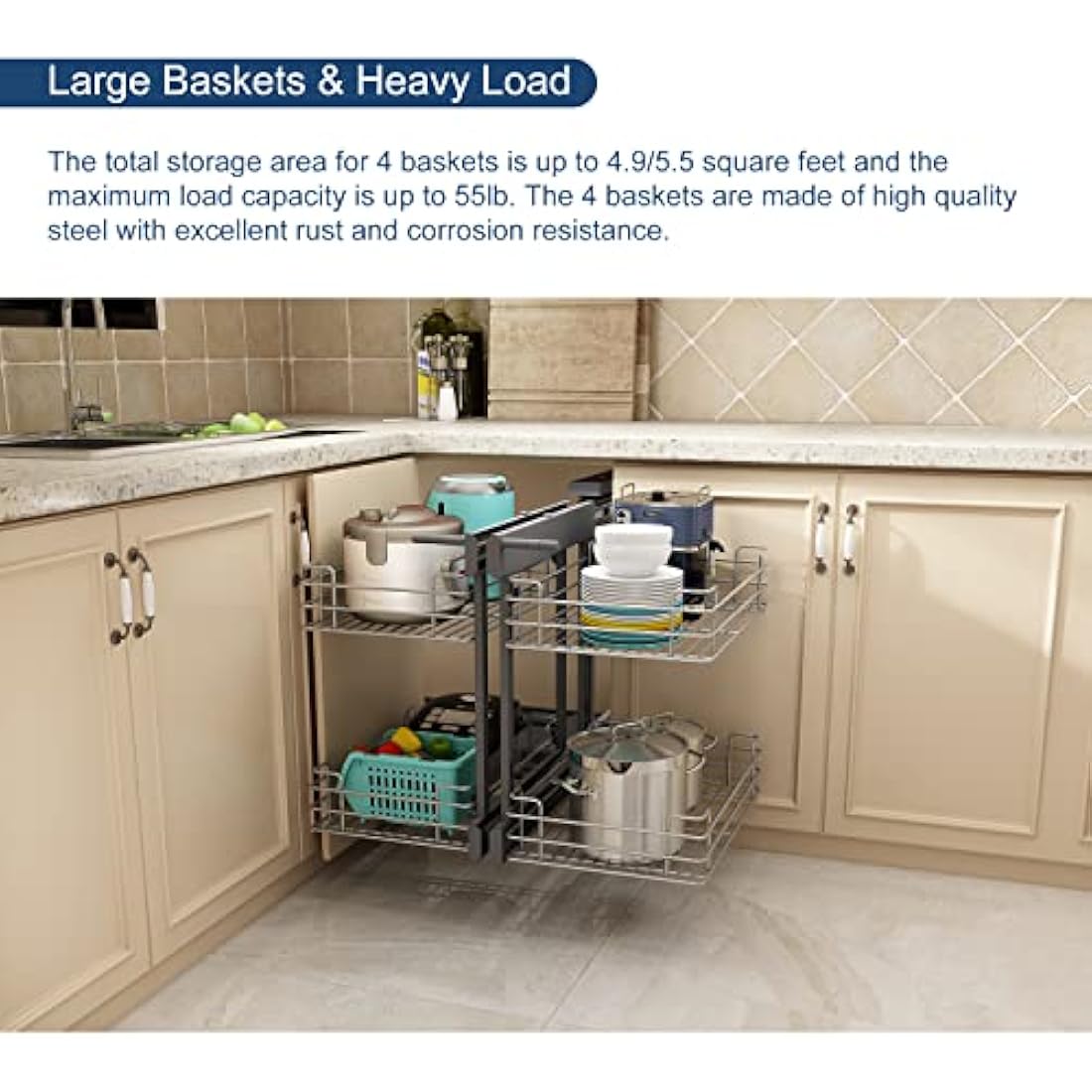 VADANIA Blind Corner Pull Out Organizer for 800mm Cabinet Left Open & Right Open Compatible, Min Opening 370mm, 2-Tier Pull-Out Basket, Soft Close, Bottom Mount