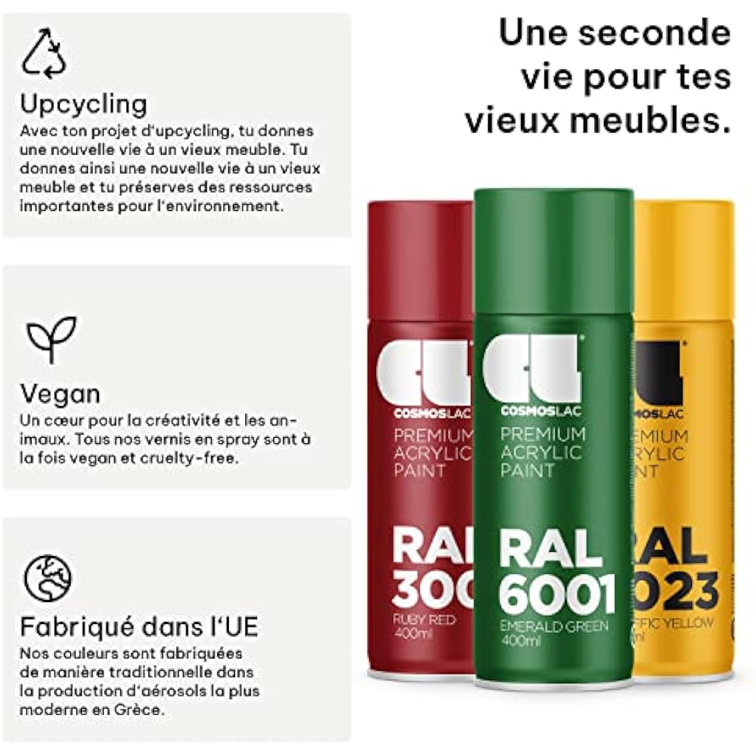 Cosmos LAC Acrylic Paint Spray Can in Many RAL Colours, 400 ml Spray Can Perfect for DIY, Upcycling and Other Painting Work RAL 9005 SEMIGLOSS BLACK N323