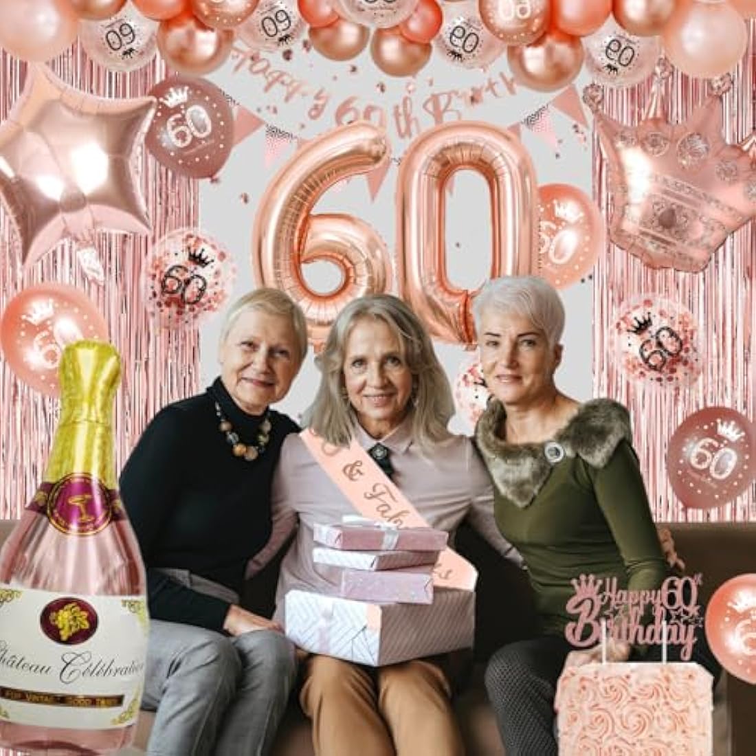 Rose Gold 60th Birthday Party Decorations Set With Balloons, Banner and Triangle Flag