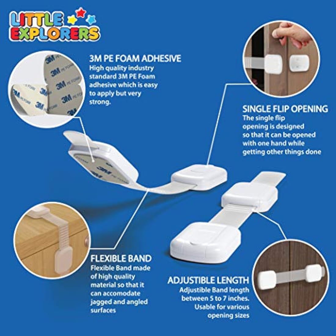 LittleExplorers Adjustable Child Safety Cupboard Locks (8 or 12 Pack) Baby Proof Cabinets & Drawers - Easy Install, No Tools Needed (8 Pack)