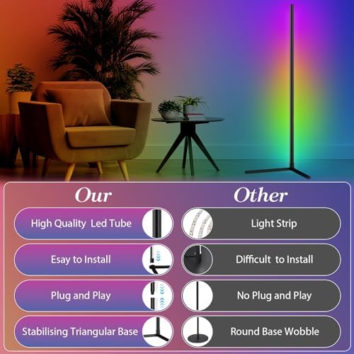 Corner Floor Lamp, 165cm Smart RGB LED Floor Lamp with App Remote Control, Music Sync, DIY Mode, Timer, 16 Million Colour Changing Standing Lamp, Dimmable Modern Mood Lighting for Living Room, Bedroom