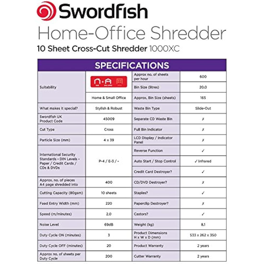 Swordfish 1000XC 10 Sheet Cross-Cut Paper/Document Shredder with 20 Litre Slide-Out Bin [45009], Black