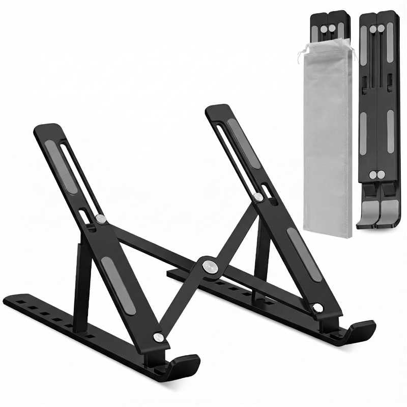 GrandMil Adjustable Laptop Stand for Desk – Foldable & Portable ABS+Silicone Riser, Ventilated Cooling Holder for 10-17.3” Laptops & Tablets (Black)