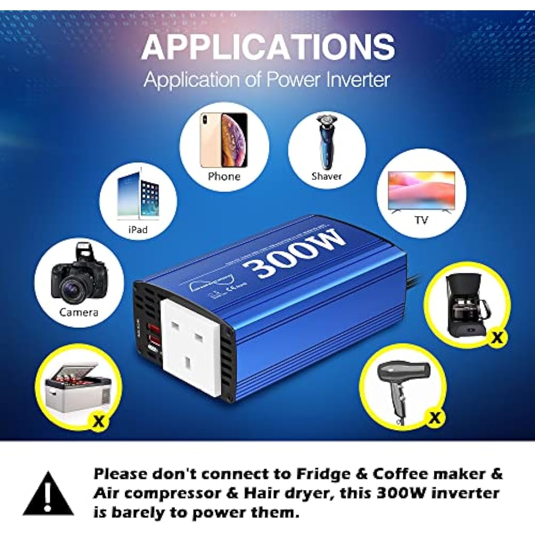 GIANDEL Pure Sine Wave Power Inverter 300Watt Car Adapter Converts 12V DC to 240V 230V AC with 4.8A Dual USB and AC Outlet for Tablets Laptops Smartphones Blue
