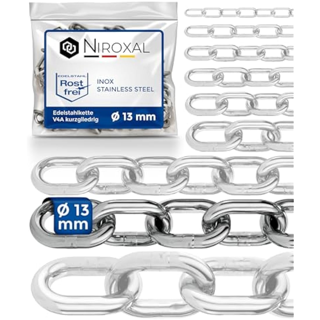 200-cm = 2-Meter 13-mm Thick Stainless Steel Chain V4A Short-Linked from NietFullThings on Piece Anchor Chain DIN 5685 DIN 766 2-m