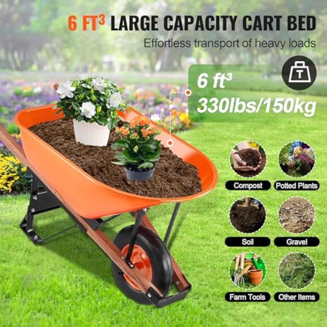 VEVOR Wheelbarrow, 6 Cu. Ft 330 lbs Capacity, One Garden Dump Barrow with Metal Handle & 16" Wide Track Wheels, Easy Loading Utility Yard Cart & Wagons for Lawn Farm, Orange+Black