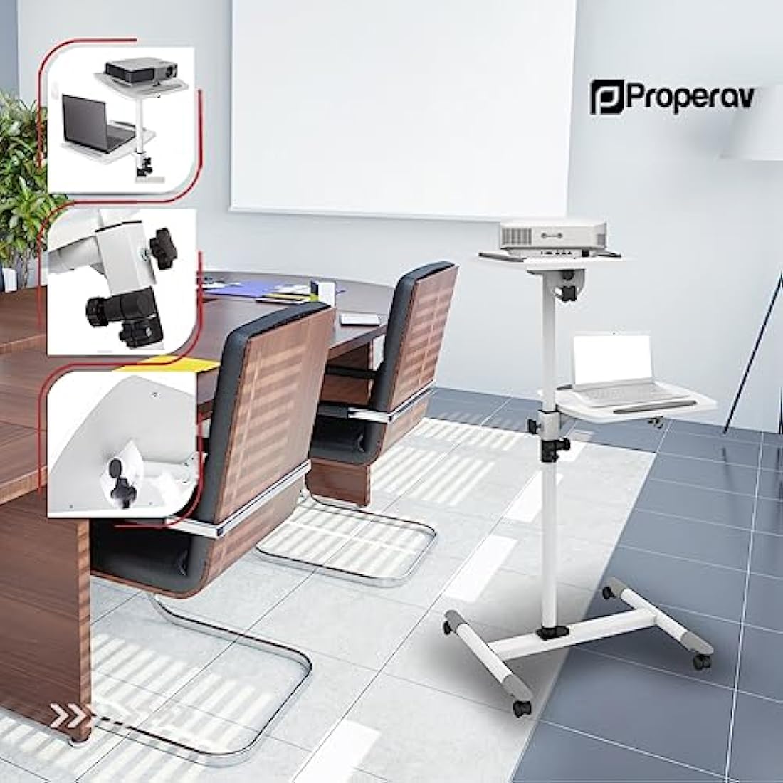 Properav Mobile Desk Workstation & Projector Trolley - White | Moveable On Caster Wheels | Adjustable Height 850-1100mm | 10kg Capacity | For Laptop, Projector, Consoles & More