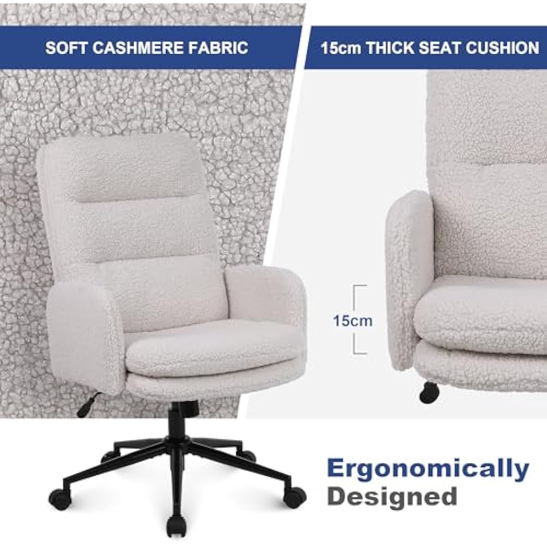 Youhauchair Desk Chair, Faux Cashmere Office Chair with High Backrest, Comfortable Desk Chairs for Bedroom, Office Chairs for Home with Adjustable Height, Cream