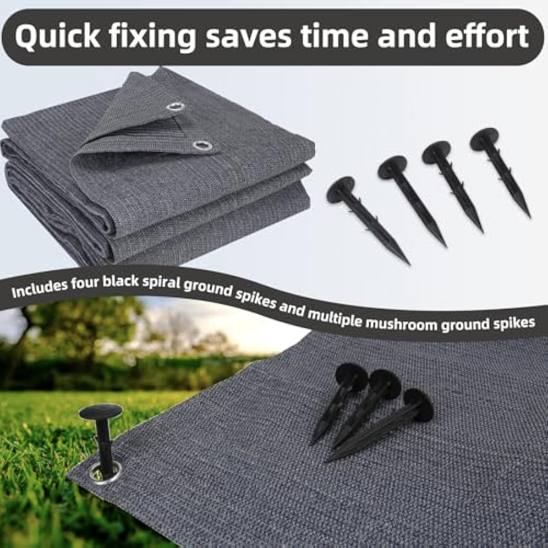 FoundGo Awning Carpet with Eyelets [280g/m² HDPE] Outdoor Camping Carpet Breathable Awning Flooring including Carrying Bag 8x pegs & Clothesline