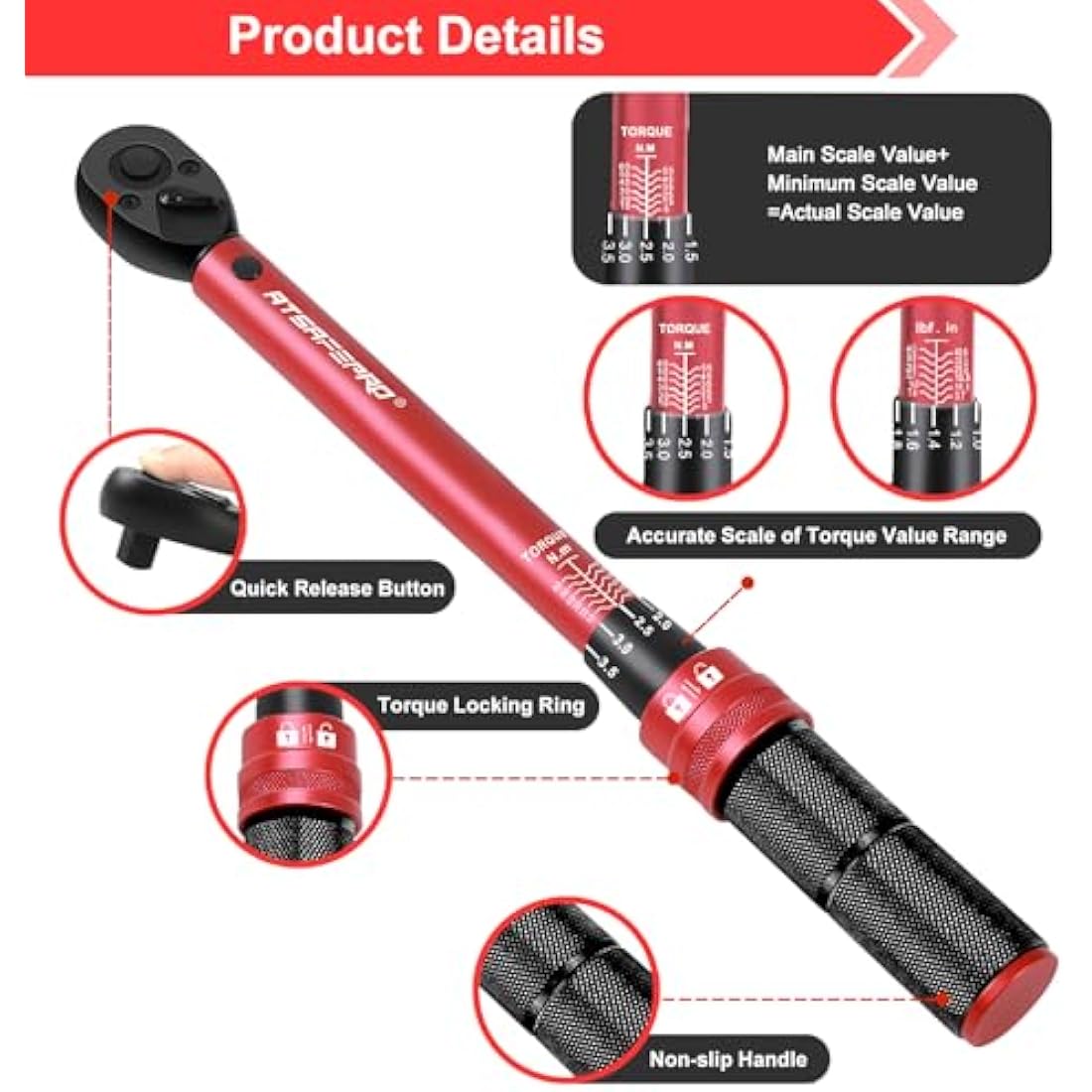 ATsafepro Torque Wrench 3/8 Inch, Drive Click 5-60 Nm Torque Wrench Auto, Dual Direction Adjustable 72 Tooth Bike Torque Wrenches for Bike and Motorcycle Car Maintenance