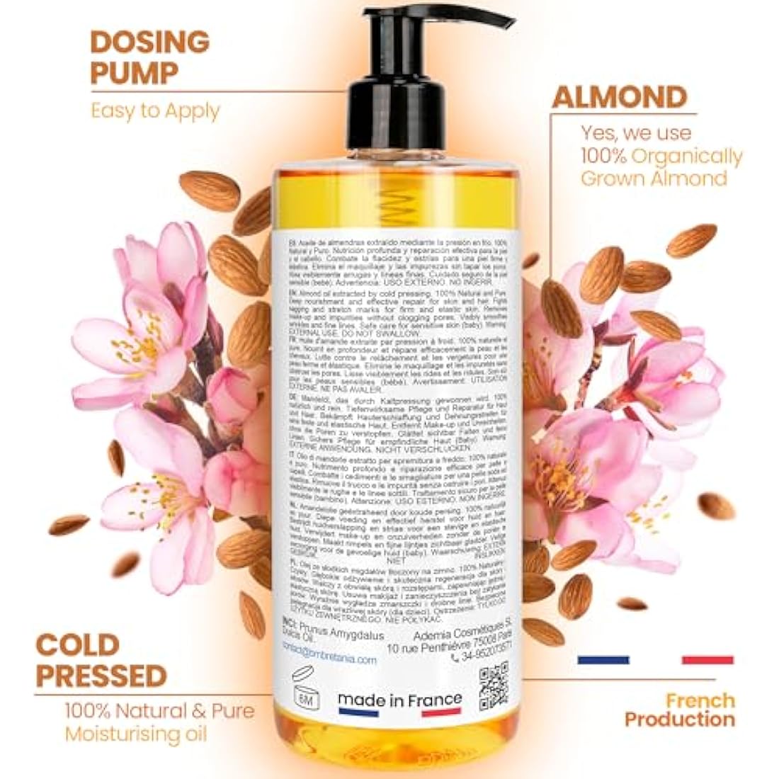 Pure Cold Pressed Sweet Almond Oil, Vegetable Massage Oil, Body & Face Oil, Hair Moisturiser, Baby Skin Softener, Anti Stretch Marks, Natural Breast Firming, 2000 ml 70.39fl oz