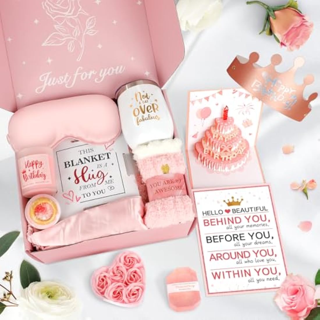 Birthday Gifts for Women, Pamper Gifts for Women, Happy Birthday Box Get Well Soon Gifts, Relaxing Spa Kit with Tumbler Blanket for Mum Wife Friend Sister Coworker, Unique Care Package for Her