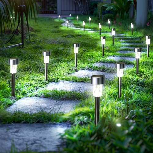 GIGALUMI Solar Lights Outdoor Garden Waterproof,24 Pack,Stainless Steel LED Solar Garden Lights for Patio, Lawn, Yard and Landscape Decor, Cold White