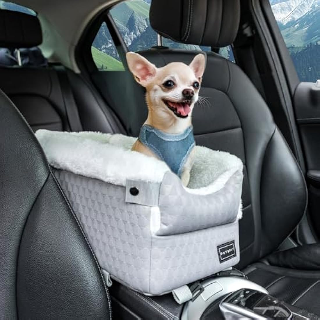 PETSFIT Center Console Dog Car Seat - Secure Safety Hooks & Upgraded Tethers, Removable Washable Cushion for Small Pets up to 6kg (Light Grey)