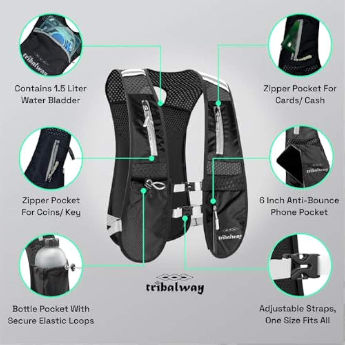 Tribalway Running Vest with Water Bladder – Hydration Vest for Men & Women, Breathable Running Backpack, Reflective Strips, Phone Holder, Water bottle Holder - Black