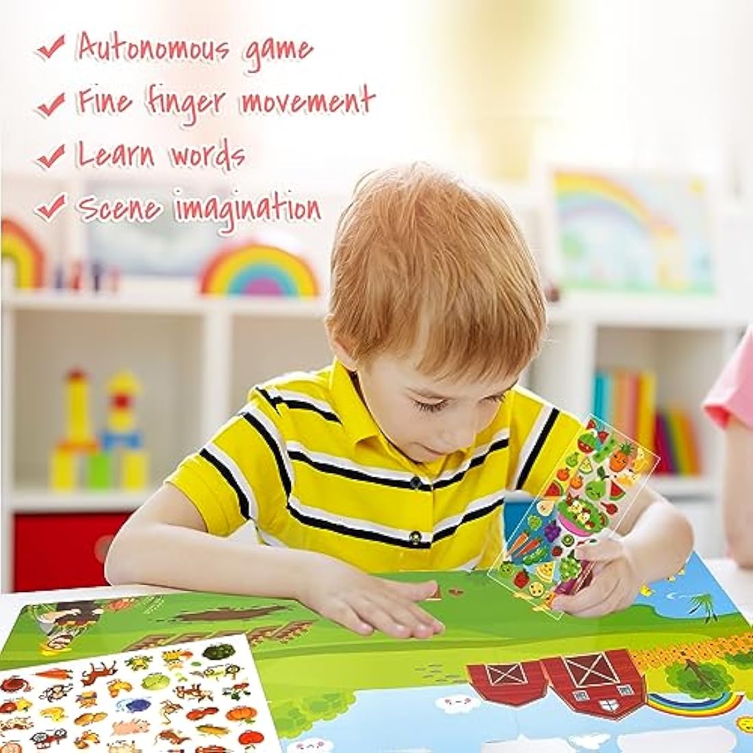 ASTARON Reusable 3D Puffy Sticker Book for Kids 3-6, Cute Waterproof Farm Harvest Stickers 88 Pcs, Puffy Sticker Game Travel Stickers and Educational Sensory Learning Toy Busy Book