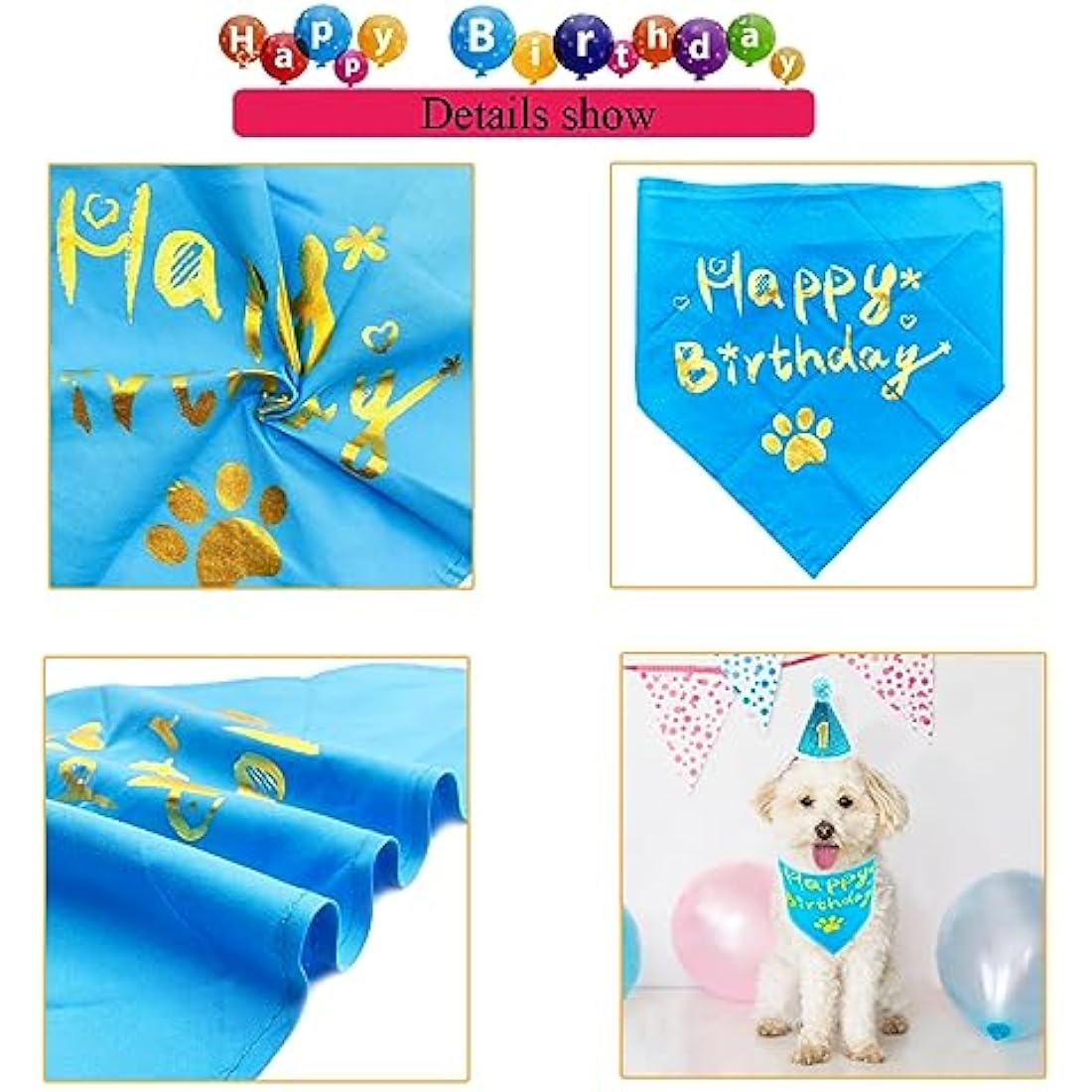 BIPY Blue Dog 1st Birthday Hat Bandana Banner for Boys Small Medium Dogs Cats Soft Bibs Doggy Party Grooming Supplies Celebration Birthday Bandana Set Costumes Headwear