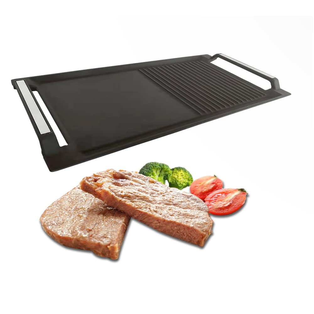 COVERCOOK Griddle Pan, Cast Iron Grill Pan, Rectangular Grill, 2 Handles,Griddle with Flat and Ridged Surface for Induction Hob Open Fire Oven