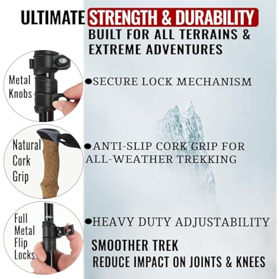 DB-OUTDOOR Trekking Hiking Walking Poles Women and Men - 2 Ultralight 7075 Aluminum Collapsible Hiking Sticks for Men, Natural Cork Grip & Metal Flip Lock Nordic Walking Poles for Men and Seniors