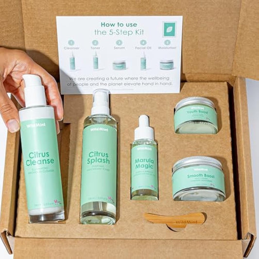 WildMint 5-Step Superfood Clear Skin Kit | Natural Cleanser, Toner, Serum, Face Oil & Moisturiser | Skincare for Acne, Sensitive, Dark Spots, Dry & Mature Skin | UK Made Vegan & Cruelty-Free Skincare