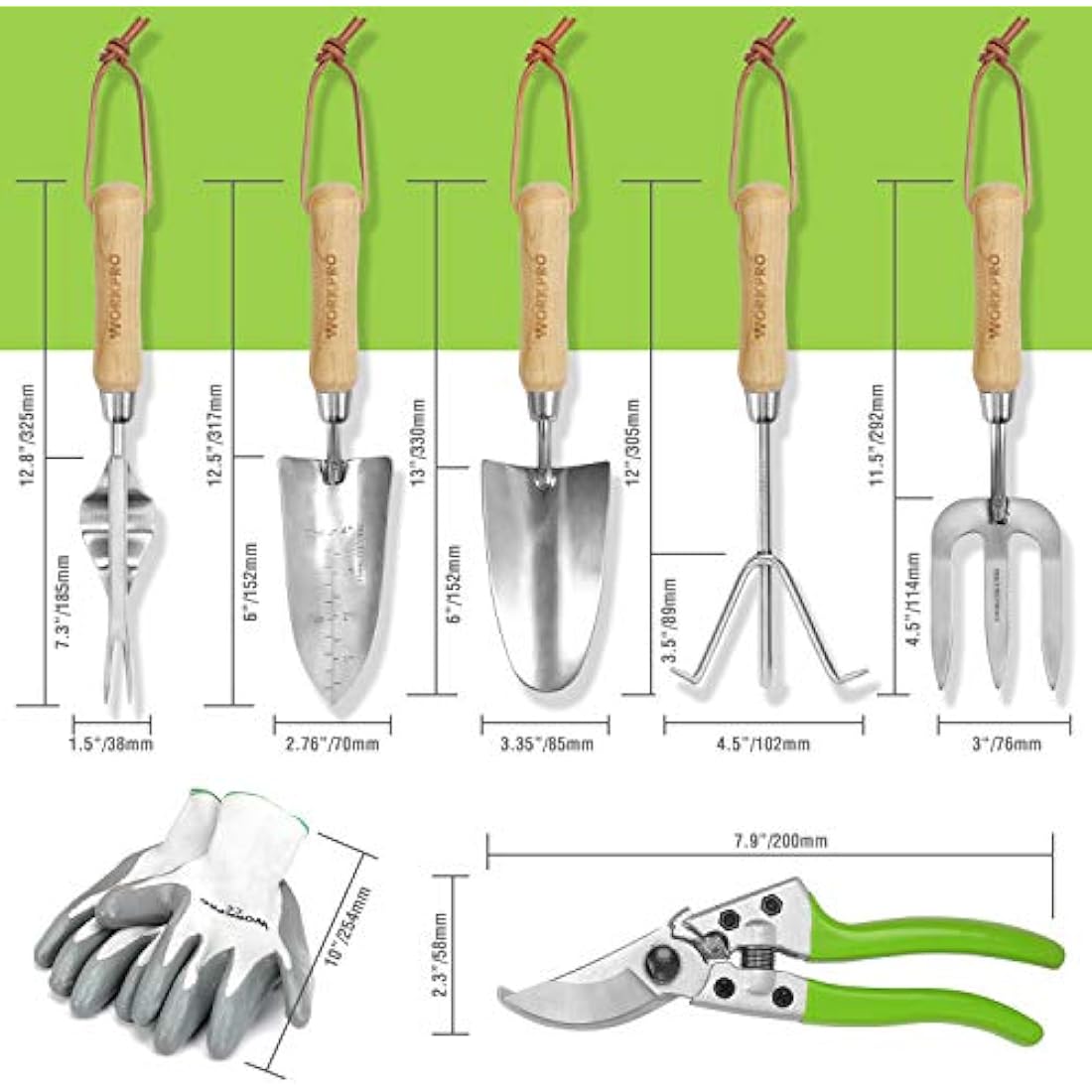 WORKPRO 8-Piece Garden Tools Set, Stainless Steel Hand Tools with Wooden Handle, Including Gloves, Trowel, Weeder, Hand fork, Hand Rake, Transplanter, Pruner and Garden Tote