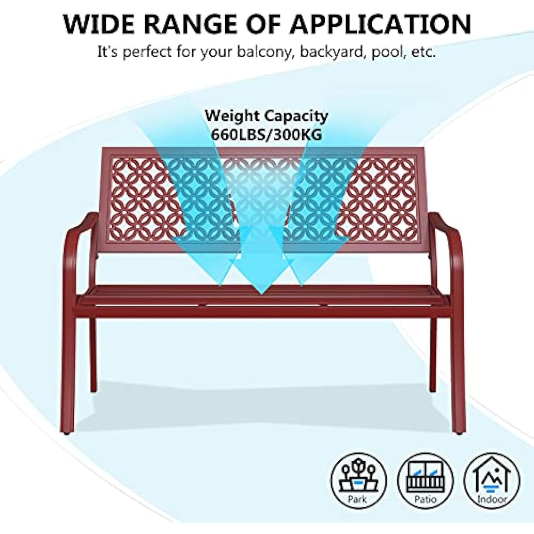 Grand patio Garden Bench, Outdoor Bench with 2-3 Seater, Rust Resistant, Stamped Pattern, Choice of Colours, Suitable for Indoor, Outdoor, Patio, Park (Bossa Nova Red)