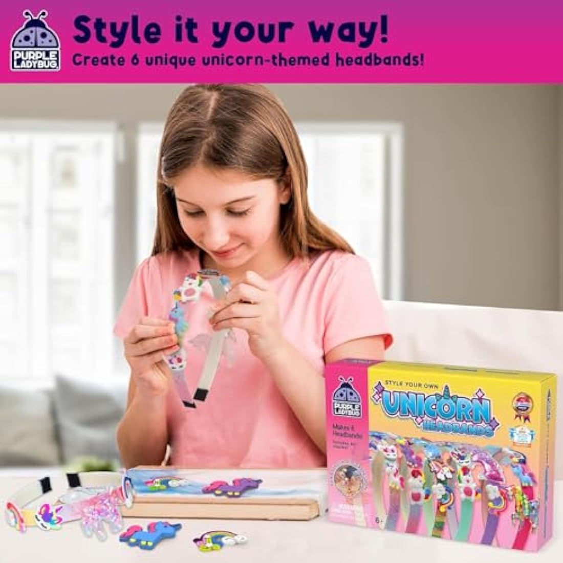 PURPLE LADYBUG Make Your Own Unicorn Headband - Unicorn Gifts for Girls Age 5-11, Arts and Craft Kits for Kids, Birthday Gifts for 5 6 7 8 9 10 11 Year Old Girls