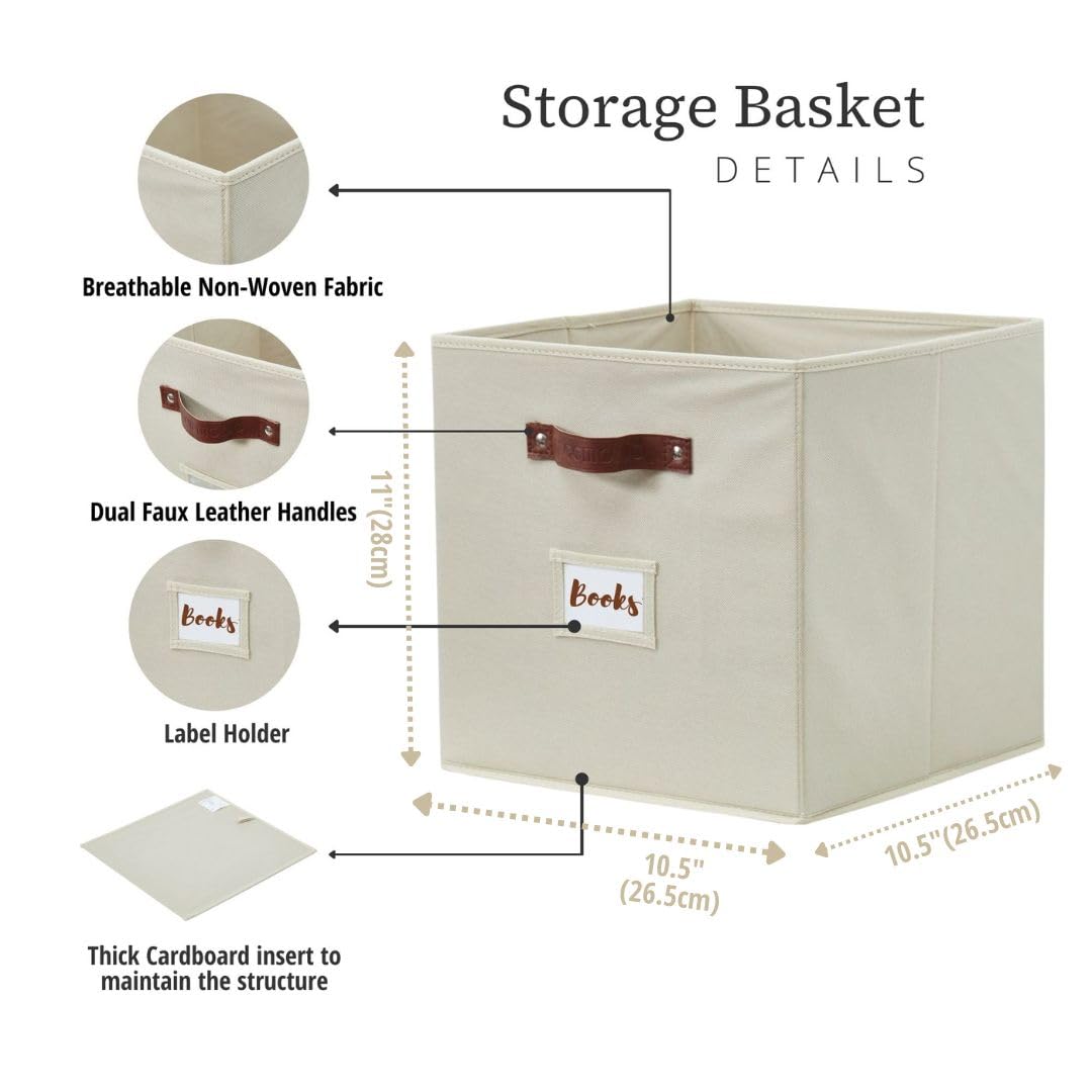 DECOMOMO Storage Bins, Cube Storage Bin with Labels, Fabric Storage Cubes for Shelves (10.5" x 11" / 6pcs, Beige)